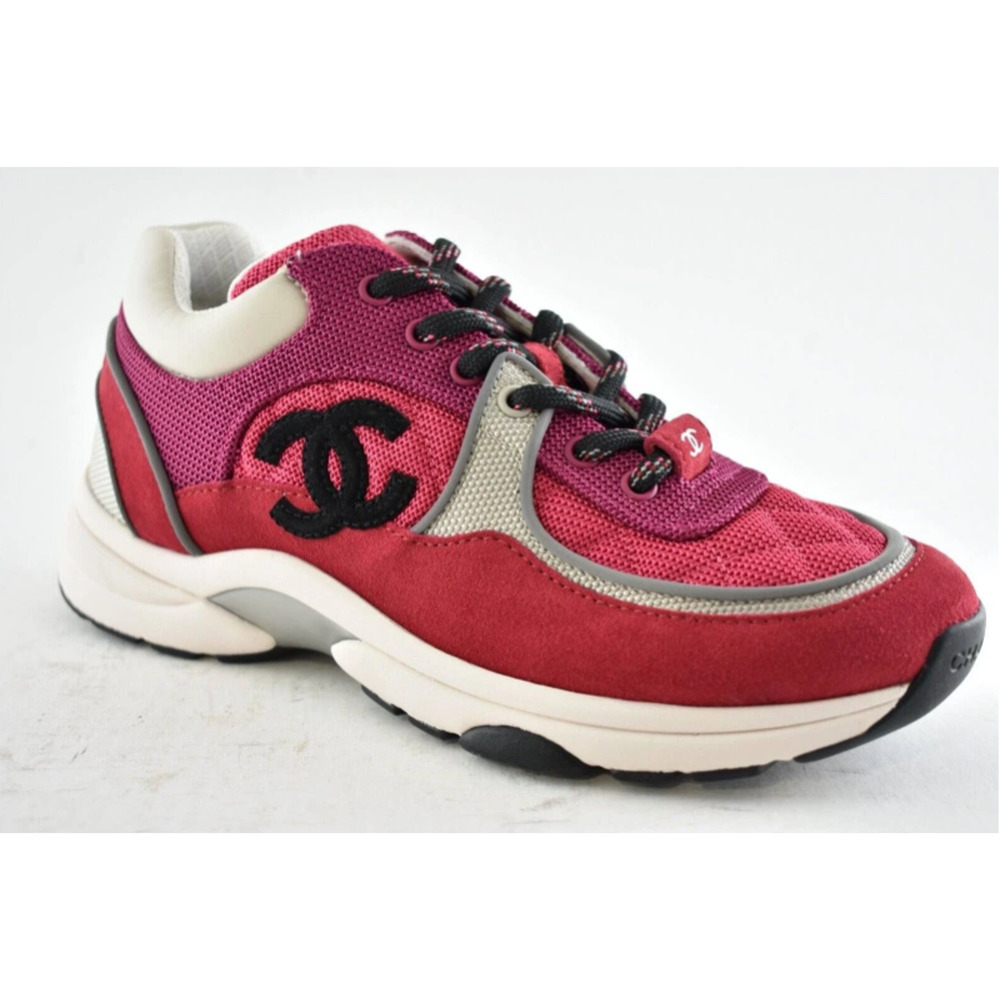 Chanel 21B Pink Black White Silver CC Logo Tie Flat Runner Trainer Sneaker 39 - Picture 3 of 12